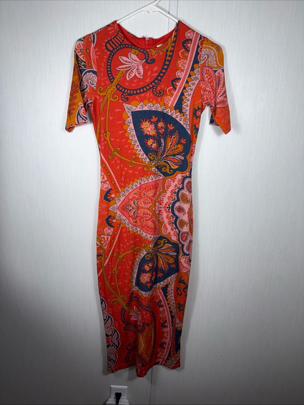 Farm Rio XS Midi Dress Bodycon Giannina Knit Paisley Orange Blue Stretch